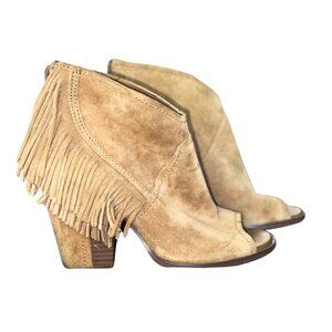 Brown Tan Suede Fringe Heel Booties Open Toe Size 8.5 Women